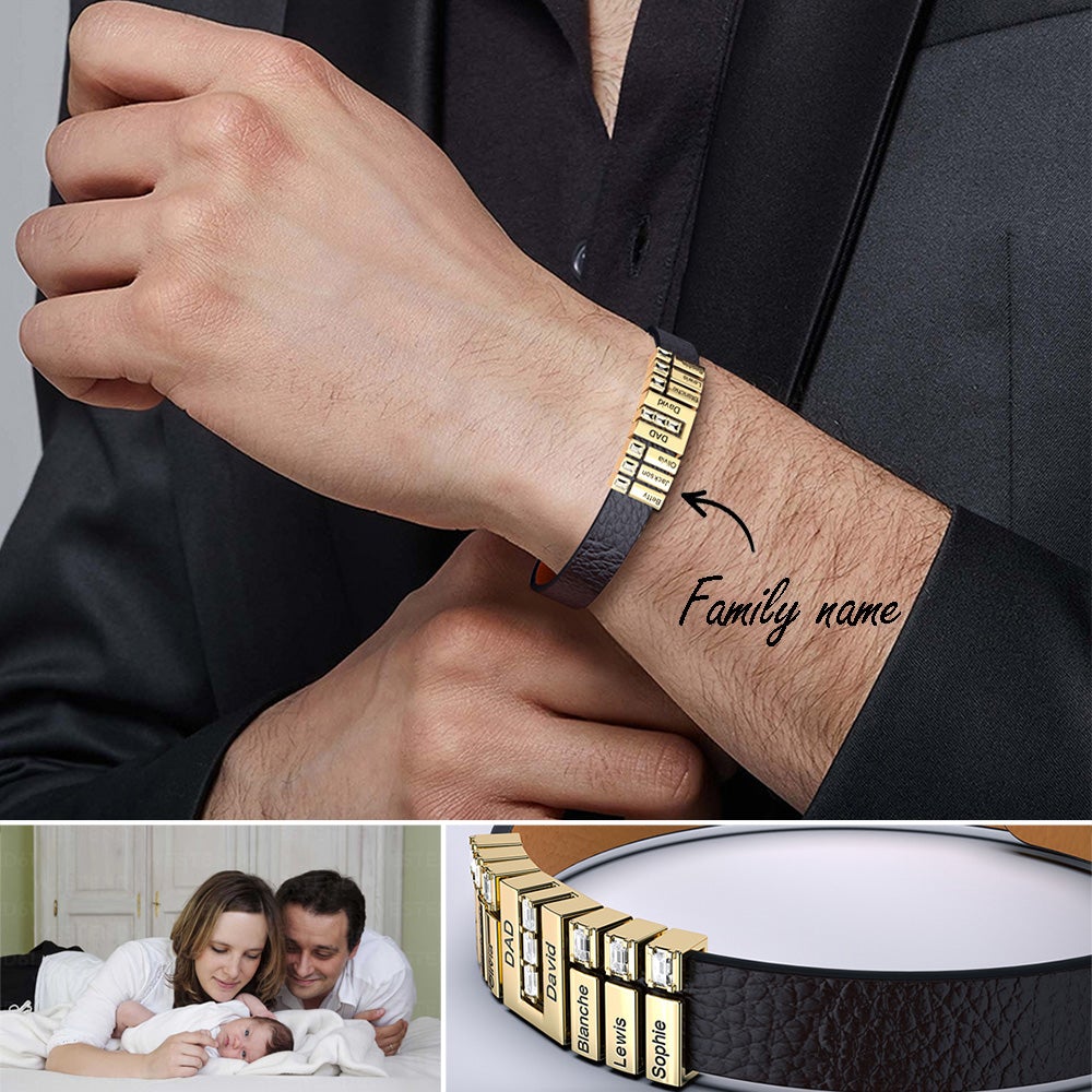 Father's Day Gift & Mother's Day! Learther Bracelet With Diamond Name Beads