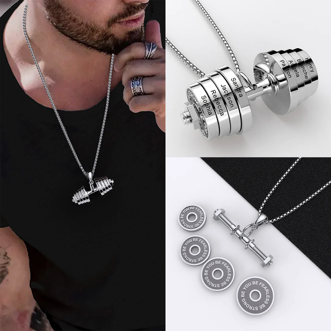 "You Be Fearless Be Strong", Custom Name Dumbbell Necklace