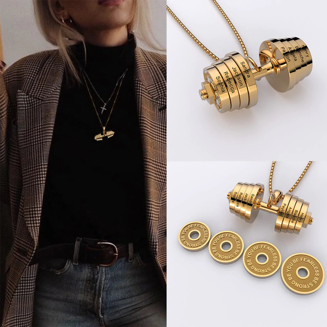 "You Be Fearless Be Strong", Custom Name Dumbbell Necklace