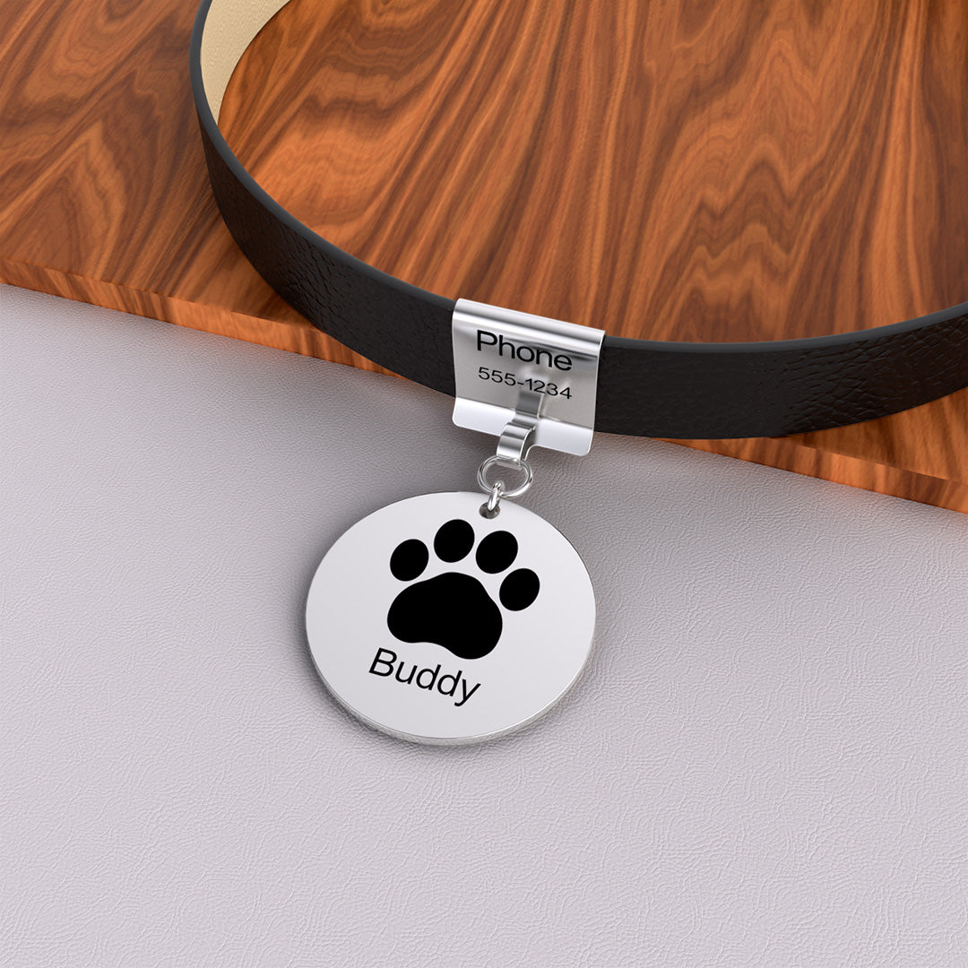 Pet Leather Collar With Custom Name & Phone Number Footprint Pendant
