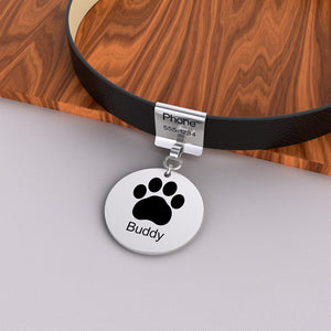 Pet Leather Collar With Custom Name & Phone Number Footprint Pendant