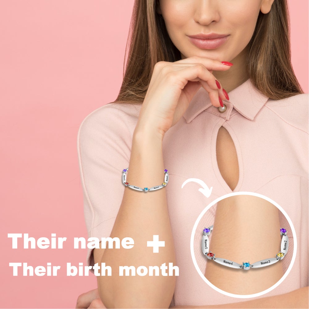 Personalized Diamond Family Name Bar Bracelet With Birthstone